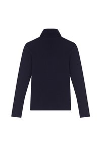 Navy-blauwe long-sleeve top met een hoge kraag, gemaakt van zachte stof; heeft een effen ontwerp en rechte mouwen. Geen zichtbare patronen of accenten.