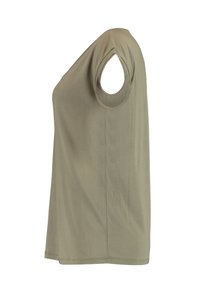 Olive green short-sleeve T-shirt, soft cotton fabric, round neckline, and unique cut-out detail on sleeve, with a relaxed fit.