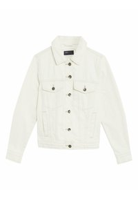 Vit denimjacka med skjortkrage, långa ärmar, sex knappar framtill, två bröstfickor och subtila sömnadsdetaljer.