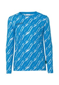 Blå langærmet træningsskjorte med et dynamisk hvidt zigzag-mønster, lavet af letvægtsstof med rund hals og logo-detalje.