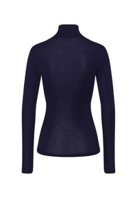 Námořnická modrá mikina s dlouhým rukávem a rolákem, měkká struktura, přiléhavý design, bezešvá konstrukce a vysoký límec.