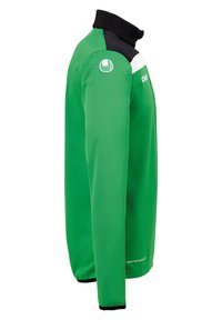 Giacca sportiva verde con colletto nero e pannello bianco sul davanti, realizzata in tessuto liscio; presenta il logo sulla manica sinistra.