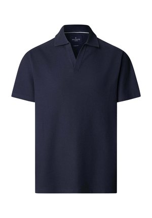 Polo bleu marine à manches courtes avec col ouvert et coupe classique, étiquette de la marque visible à l'intérieur du col.