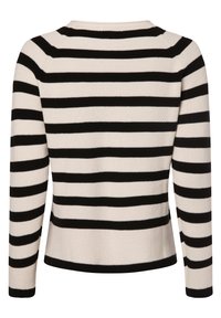 Vue arrière d'un pull en tricot à manches longues avec des rayures horizontales noires et blanches.