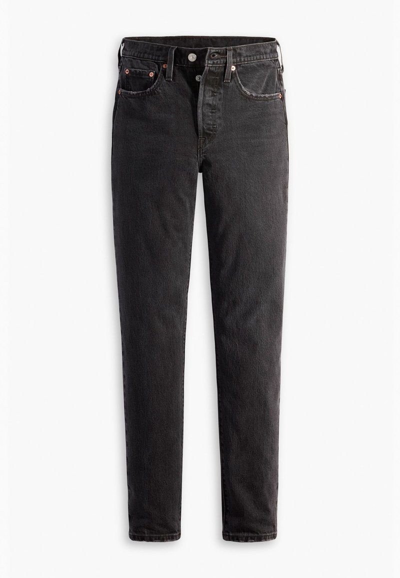 Schwarze Jeans aus Denim mit geradem Bein, fünf Taschen, kupferfarbenen Beschlägen und einer leicht ausgebleichten Textur.
