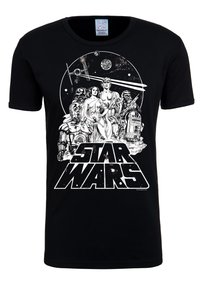 Černé bavlněné tričko s bílým grafickým potiskem postav a loga Star Wars, s kulatým výstřihem a krátkými rukávy.