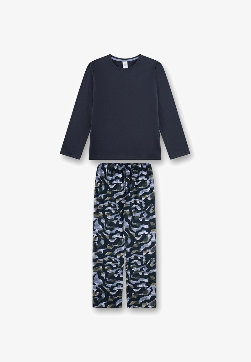 Navy long-sleeve top with crew neck; patterned pajama pants featuring camouflage in green, blue, and white tones; elastic waist.