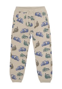 Beige Baumwoll-Sweatpants mit einem Muster aus bunten Baufahrzeugen in Blau, Grün und Gelb. Elastischer Bund mit Kordelzug.