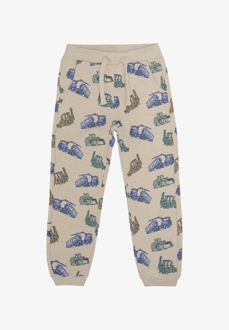 Beige Baumwoll-Sweatpants mit einem Muster aus bunten Baufahrzeugen in Blau, Grün und Gelb. Elastischer Bund mit Kordelzug.