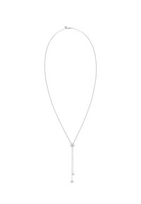 Sølv kædedesign med et centralt rundt vedhæng og to dinglende sten, der tilbyder et slankt og minimalistisk udseende.