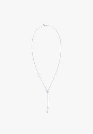 Sølv kædedesign med et centralt rundt vedhæng og to dinglende sten, der tilbyder et slankt og minimalistisk udseende.