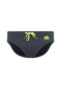 Donkergrijze zwemslips met een neon groene trekkoord en logo. Heeft een gestructureerd oppervlak en contrasterende blauwe accenten op de randen.
