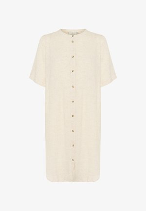 Smėlio spalvos mygtukinė suknelė, pagaminta iš struktūrinio audinio. Suknelė turi trumpas rankoves, apvalų iškirpimą ir septynis mygtukus priekyje.