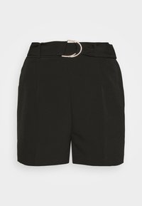 Czarne dopasowane szorty z szerokim paskiem w talii, z okrągłą metalową klamrą. Gładki materiał i prosty krój z bocznymi kieszeniami.