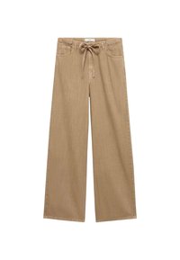 Beige wide-leg trousers with a drawstring waist, featuring two front pockets and a soft, textured fabric.