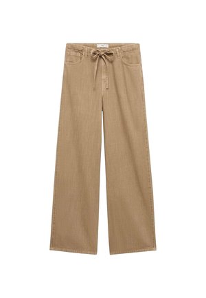 Pantalones de pierna ancha beige con cintura ajustable, que cuentan con dos bolsillos frontales y una tela suave y texturizada.