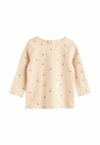 Top de manga larga de color rosa pálido con textura acanalada, patrones florales pequeños, escote redondo y dobladillos de manga rizada. Tejido suave de mezcla de algodón.