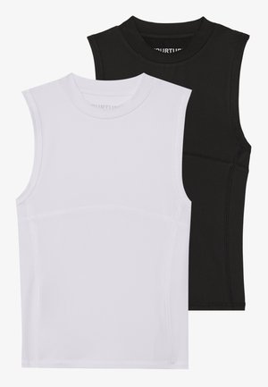 Duas t-shirts desportivas sem mangas, uma branca e uma preta, feitas de tecido elástico com decotes arredondados e detalhes de costura visíveis.