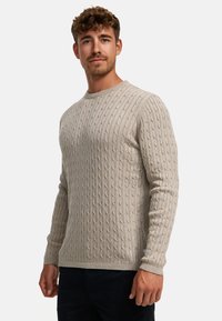 Lys grå strikket genser med et strukturert kabeldesign, rund hals og lange ermer. Ribbestrikk nederst og ved ermene, medium tykkelse.