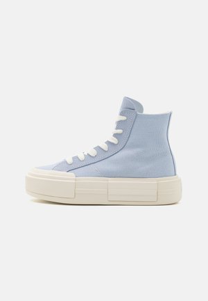 Tenisi înalți de culoare bleu deschis, fabricați din pânză, cu șireturi albe, o talpă texturată și o bază groasă de culoare bej, având panouri distinctive.