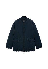 Giacca bomber blu navy con zip frontale, colletto a costine e polsini elasticizzati. Presenta due ampie tasche laterali e una texture del tessuto liscia.