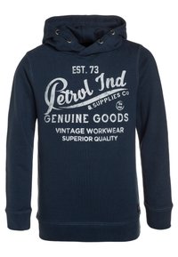 Felpa blu navy in morbido cotone, con una grafica frontale in testo bianco, cappuccio con lacci e polsini e orlo a costine.