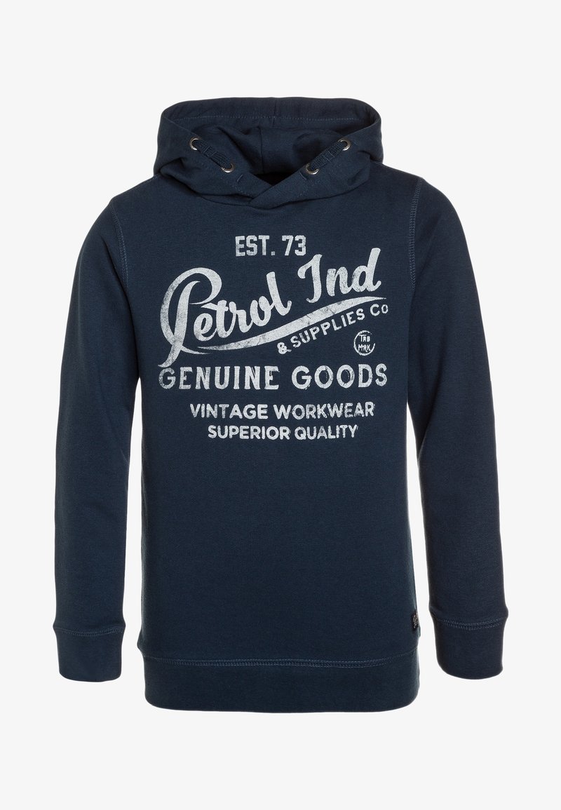 Felpa blu navy in morbido cotone, con una grafica frontale in testo bianco, cappuccio con lacci e polsini e orlo a costine.