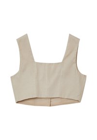 Top corto beige realizzato in tessuto testurizzato, caratterizzato da spalline larghe, scollatura quadrata e dettagli di cuciture verticali.