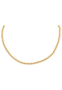 Gouden gedraaide kettinghalsband met een gevlochten ontwerp, kenmerkend door de gladde, afgeronde schakels die een getextureerd uiterlijk geven.