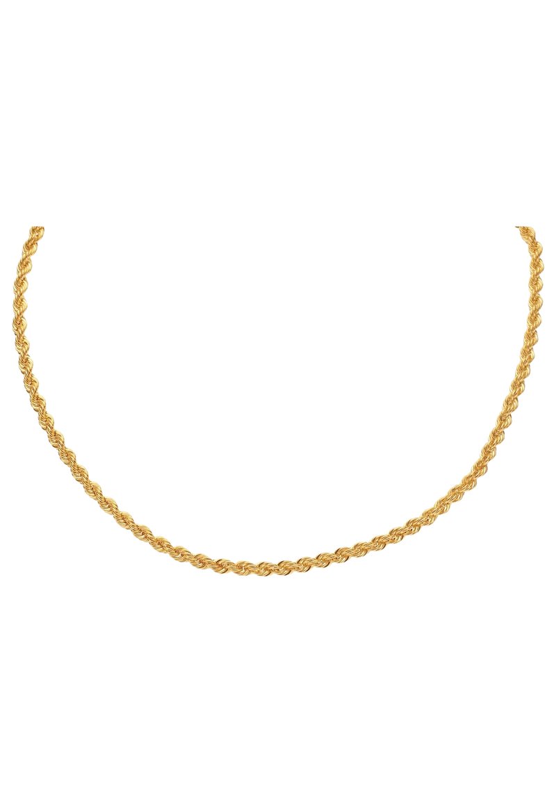 Gouden gedraaide kettinghalsband met een gevlochten ontwerp, kenmerkend door de gladde, afgeronde schakels die een getextureerd uiterlijk geven.
