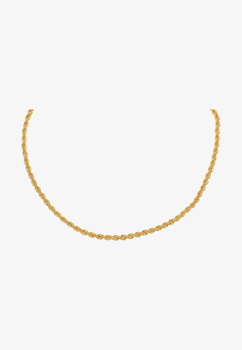 Gouden gedraaide kettinghalsband met een gevlochten ontwerp, kenmerkend door de gladde, afgeronde schakels die een getextureerd uiterlijk geven.