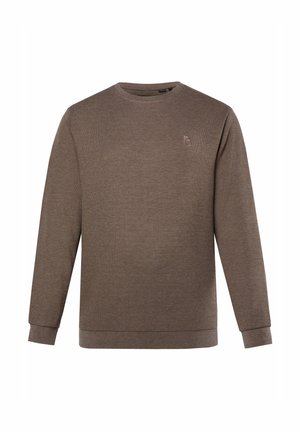 Brauner Pullover aus weichem Material, mit Rundhalsausschnitt, langen Ärmeln und einem kleinen gestickten 'B'-Logo auf der Brust.