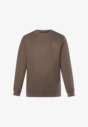 Brauner Pullover aus weichem Material, mit Rundhalsausschnitt, langen Ärmeln und einem kleinen gestickten 'B'-Logo auf der Brust.