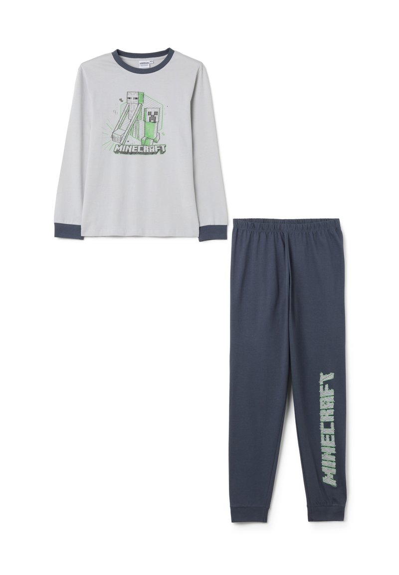Camiseta de pijama de manga larga gris con gráfico de Minecraft, combinada con pantalones azul marino que presentan el texto "MINECRAFT" en verde en la pierna. Suave, mezcla de algodón.