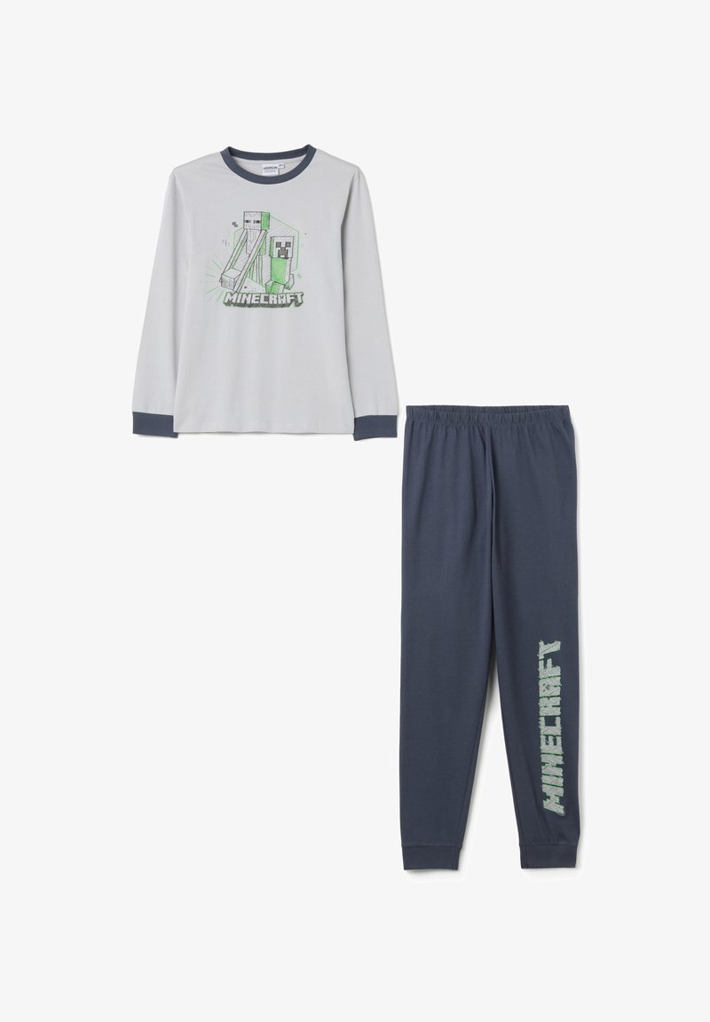 Camiseta de pijama de manga larga gris con gráfico de Minecraft, combinada con pantalones azul marino que presentan el texto "MINECRAFT" en verde en la pierna. Suave, mezcla de algodón.