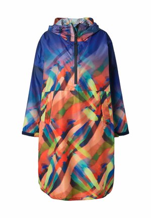 Barevný, lehký plášť do deště s abstraktním vzorem v modré, oranžové, zelené a fialové barvě; zahrnuje polo-zip, kapuci a přední kapsu.