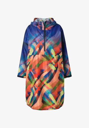 Bunter, leichter Regenmantel mit einem abstrakten Muster in Blau, Orange, Grün und Lila; besitzt einen halben Reißverschluss, eine Kapuze und eine Fronttasche.