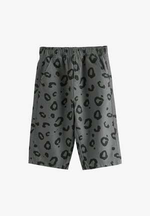 Graue Shorts mit einem schwarzen Leopardenmuster, elastischem Bund und Seitentaschen. Hergestellt aus einem glatten Stoff mit einer leicht strukturierten Oberfläche.