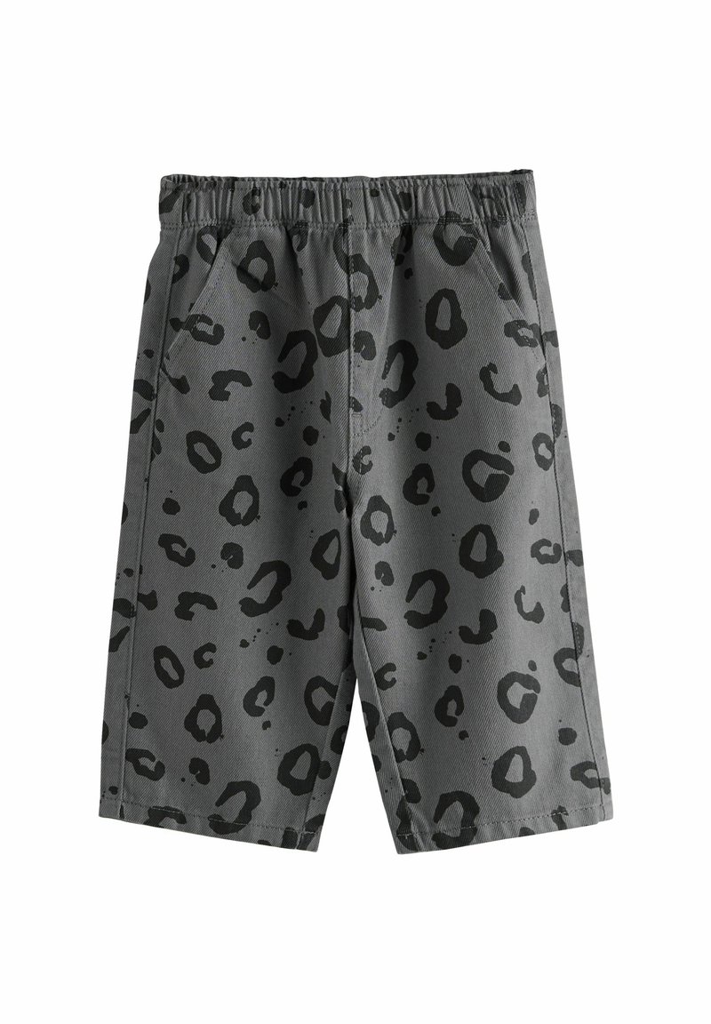 Gray shorts with a black leopard print pattern, elastic waistband, and side pockets. Made of a smooth fabric with a slightly textured surface.