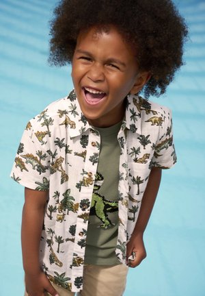 Korte mouwen overhemd met een witte basis, versierd met groene dinosaurussen en palmbomen, gecombineerd met een groene graphic t-shirt en khaki shorts.