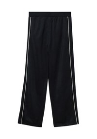 Zwarte sweatpants met een comfortabele pasvorm, elastische tailleband en witte zijstrepen. Gemaakt van zachte stof met een gladde textuur.