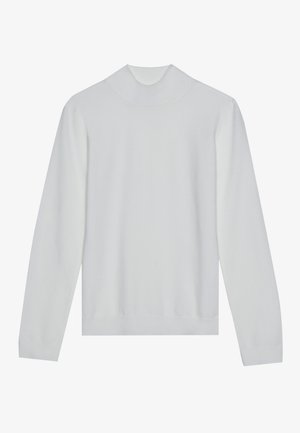 Vit polotröja med långa ärmar, ribbad krage och nederkant. Mjuk textur, minimalistisk design utan synliga mönster eller detaljer.