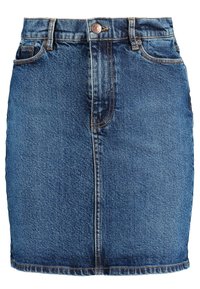 Jupe crayon en denim bleu foncé avec surpiqûres orange. Dotée d'une fermeture à boutons, cinq poches et d'une coupe droite avec un ourlet effiloché.