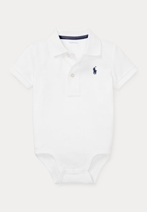 Body polo bébé blanc manches courtes avec deux boutons, col et logo joueur de polo brodé bleu marine sur la poitrine.