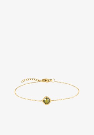 Delicaat gouden armband met een enkele vierkante groene edelsteen als middelpunt en een sluiting met karabijnhaak.