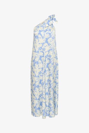 Egy vállra cipzáras ruha csomó részlettel, világoskék anyagban, fehér virágmintákkal díszítve. A laza, áramló forma fokozza a kényelmet.