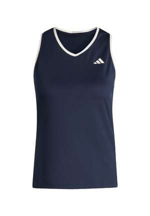 Marineblå atletisk tanktop med V-hals, hvit kant og logo. Laget av glatt, pustende stoff, designet for aktivt bruk.