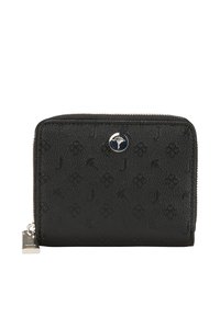 Portafoglio nero in pelle con texture, caratterizzato da motivi embossati e un dettaglio in hardware argentato sul davanti, con chiusura a zip.