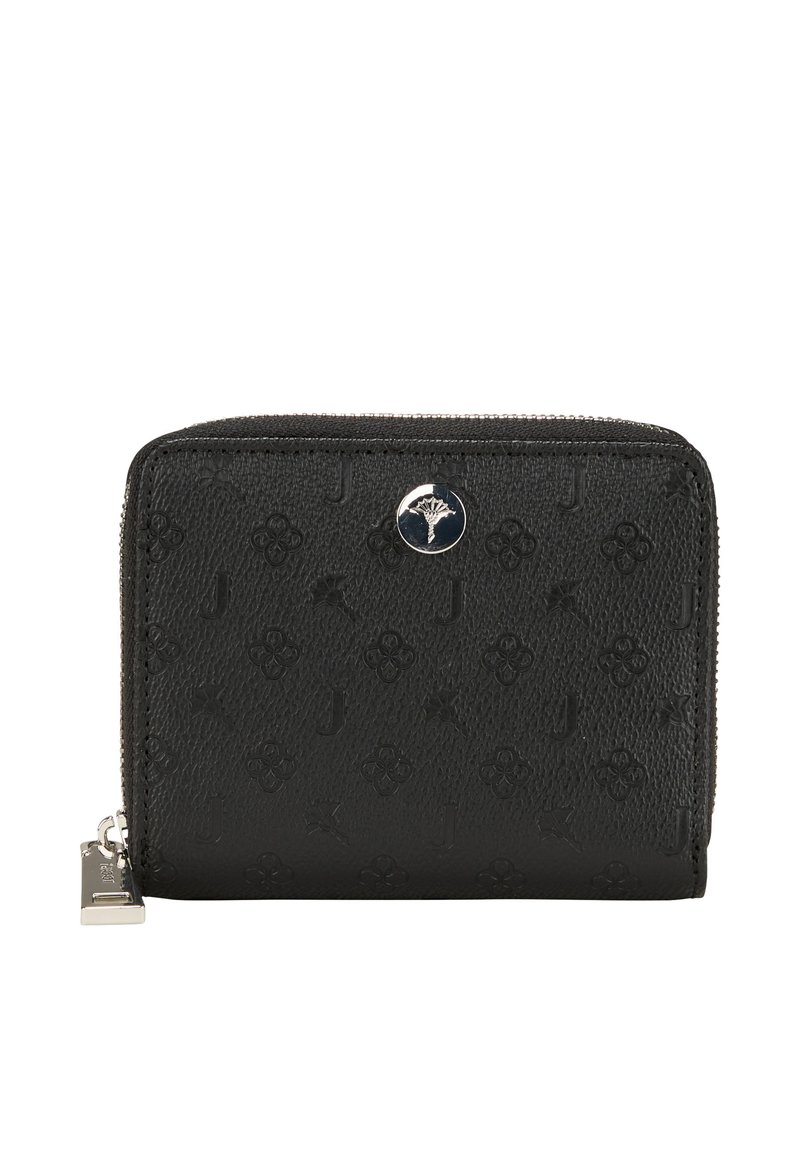 Portafoglio nero in pelle con texture, caratterizzato da motivi embossati e un dettaglio in hardware argentato sul davanti, con chiusura a zip.