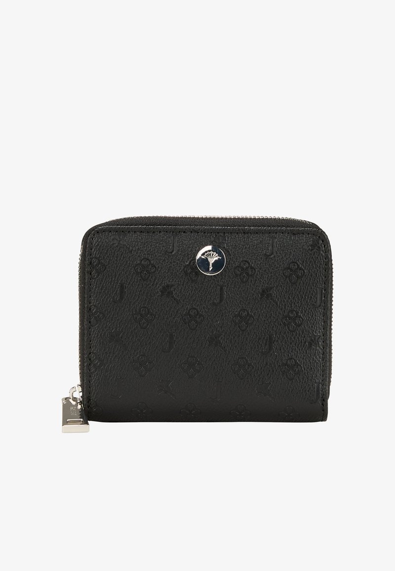 Portafoglio nero in pelle con texture, caratterizzato da motivi embossati e un dettaglio in hardware argentato sul davanti, con chiusura a zip.